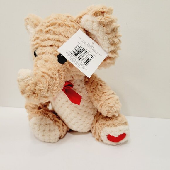 Brown Tan Cuddly Elephant Fluffy Heart Stamp Red Bow Stuffed Plush Toy - Picture 2 of 4